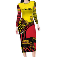 Uganda Family Matching Long Sleeve Bodycon Dress and Hawaiian Shirt with African Wildlife Elephant Lion and Crane in Tribal Pattern Design