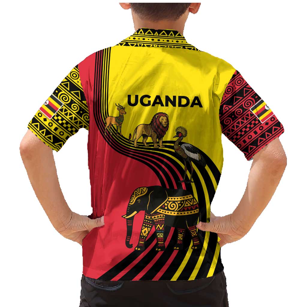 Uganda Family Matching Mermaid Dress and Hawaiian Shirt with African Wildlife Elephant Lion and Crane in Tribal Pattern Design