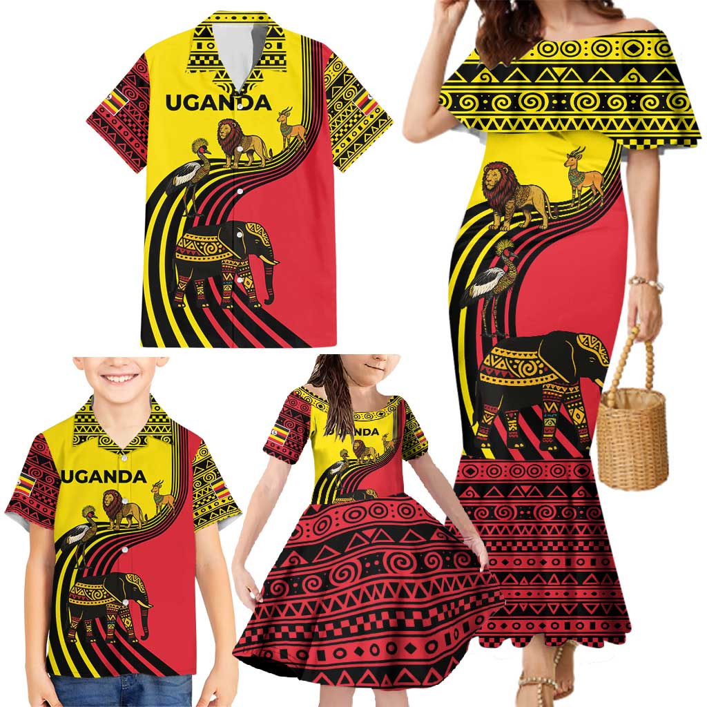 Uganda Family Matching Mermaid Dress and Hawaiian Shirt with African Wildlife Elephant Lion and Crane in Tribal Pattern Design