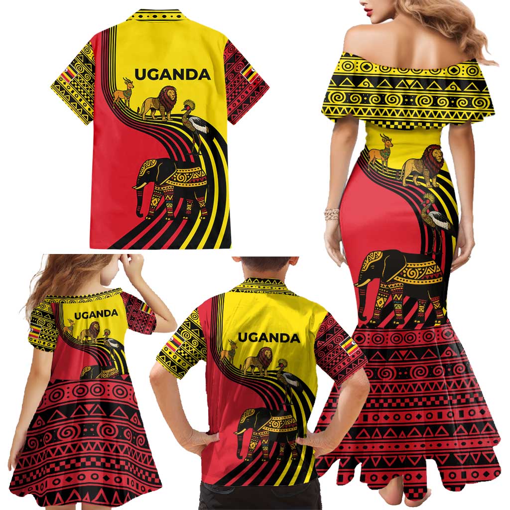 Uganda Family Matching Mermaid Dress and Hawaiian Shirt with African Wildlife Elephant Lion and Crane in Tribal Pattern Design