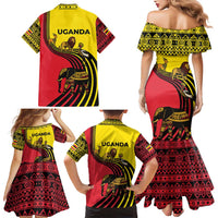 Uganda Family Matching Mermaid Dress and Hawaiian Shirt with African Wildlife Elephant Lion and Crane in Tribal Pattern Design