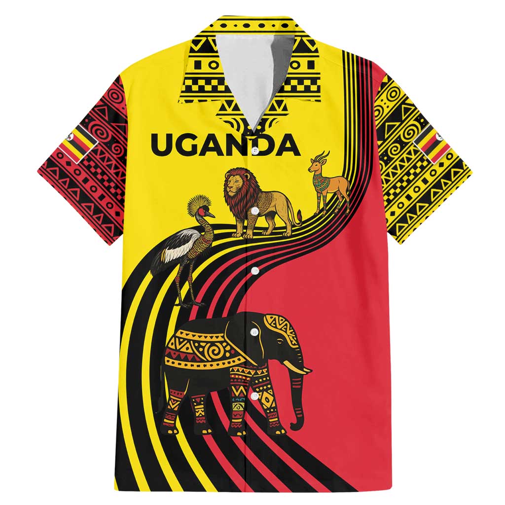 Uganda Family Matching Mermaid Dress and Hawaiian Shirt with African Wildlife Elephant Lion and Crane in Tribal Pattern Design