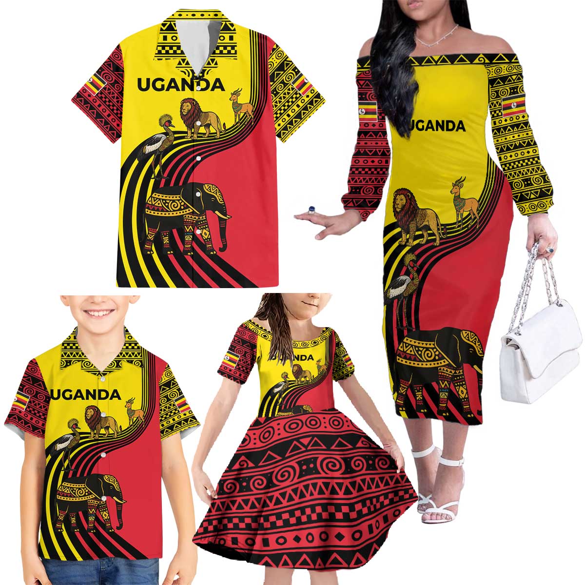 Uganda Family Matching Off The Shoulder Long Sleeve Dress and Hawaiian Shirt with African Wildlife Elephant Lion and Crane in Tribal Pattern Design