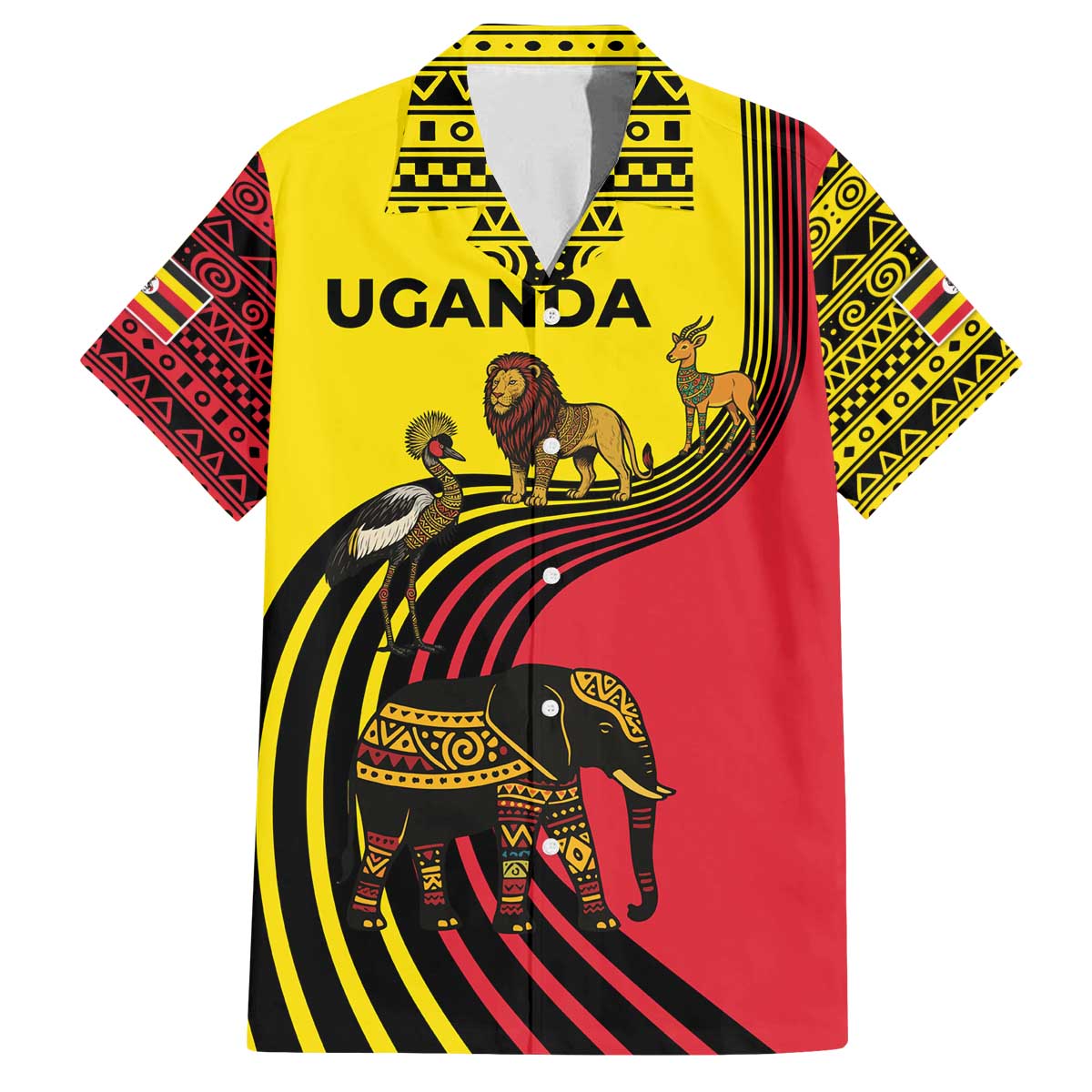 Uganda Family Matching Off The Shoulder Long Sleeve Dress and Hawaiian Shirt with African Wildlife Elephant Lion and Crane in Tribal Pattern Design