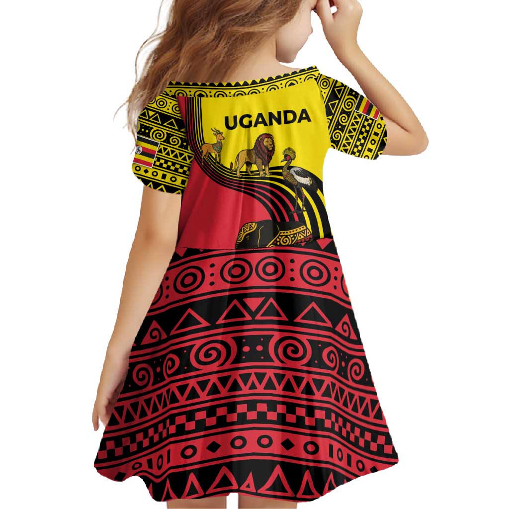Uganda Family Matching Off Shoulder Maxi Dress and Hawaiian Shirt with African Wildlife Elephant Lion and Crane in Tribal Pattern Design