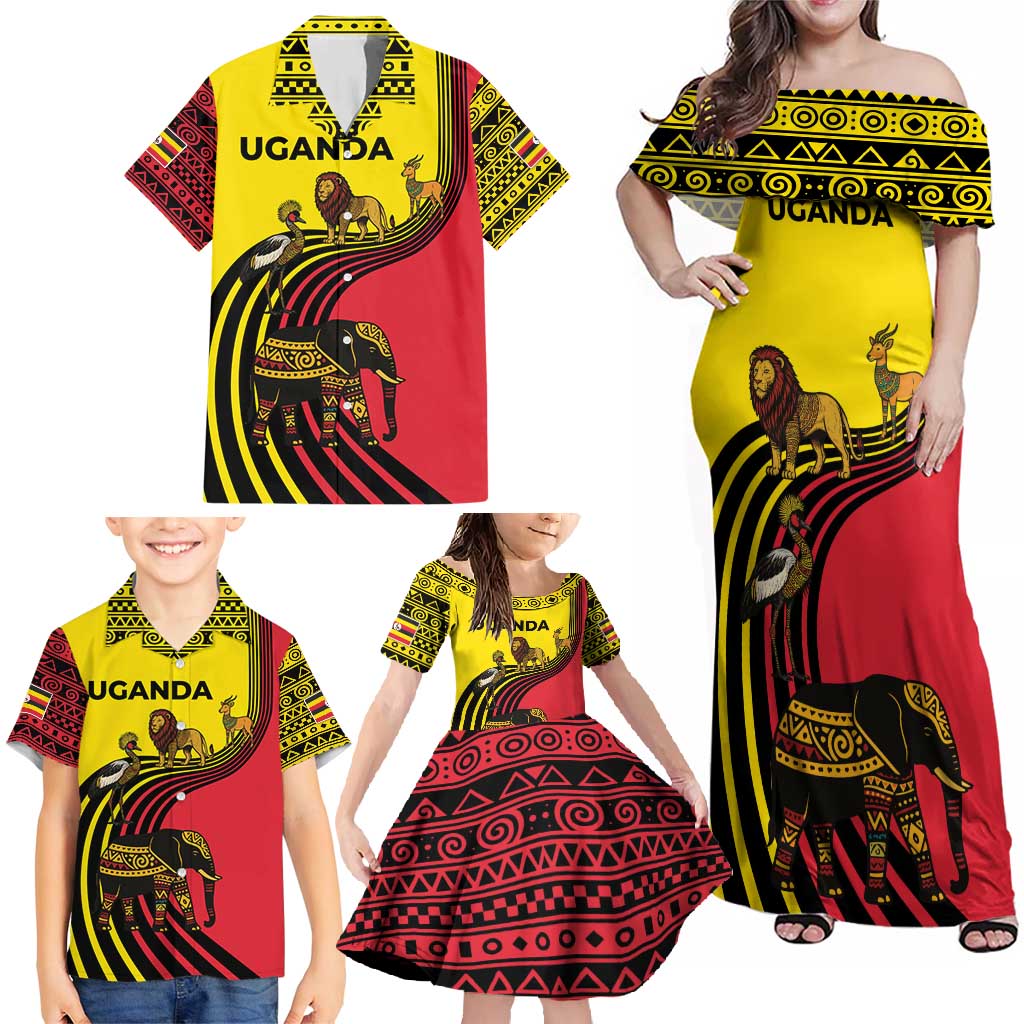 Uganda Family Matching Off Shoulder Maxi Dress and Hawaiian Shirt with African Wildlife Elephant Lion and Crane in Tribal Pattern Design