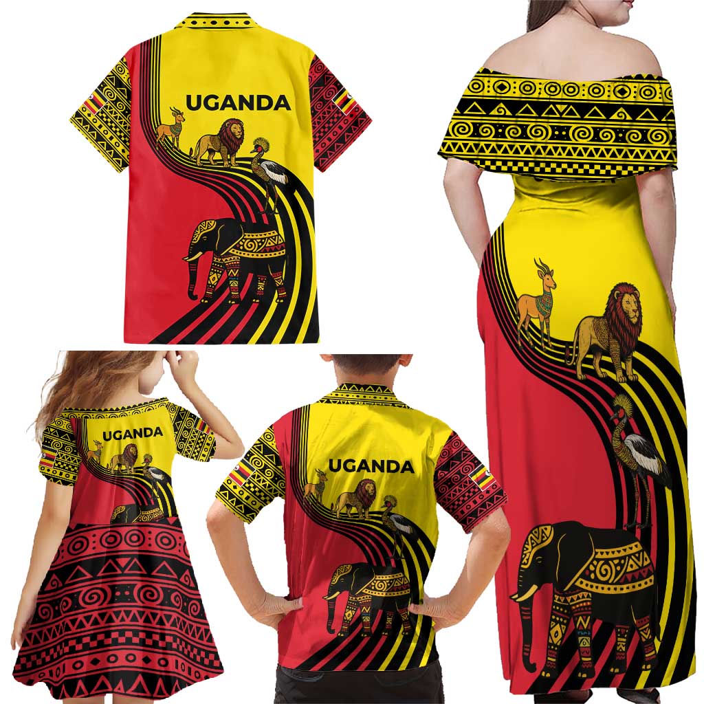 Uganda Family Matching Off Shoulder Maxi Dress and Hawaiian Shirt with African Wildlife Elephant Lion and Crane in Tribal Pattern Design