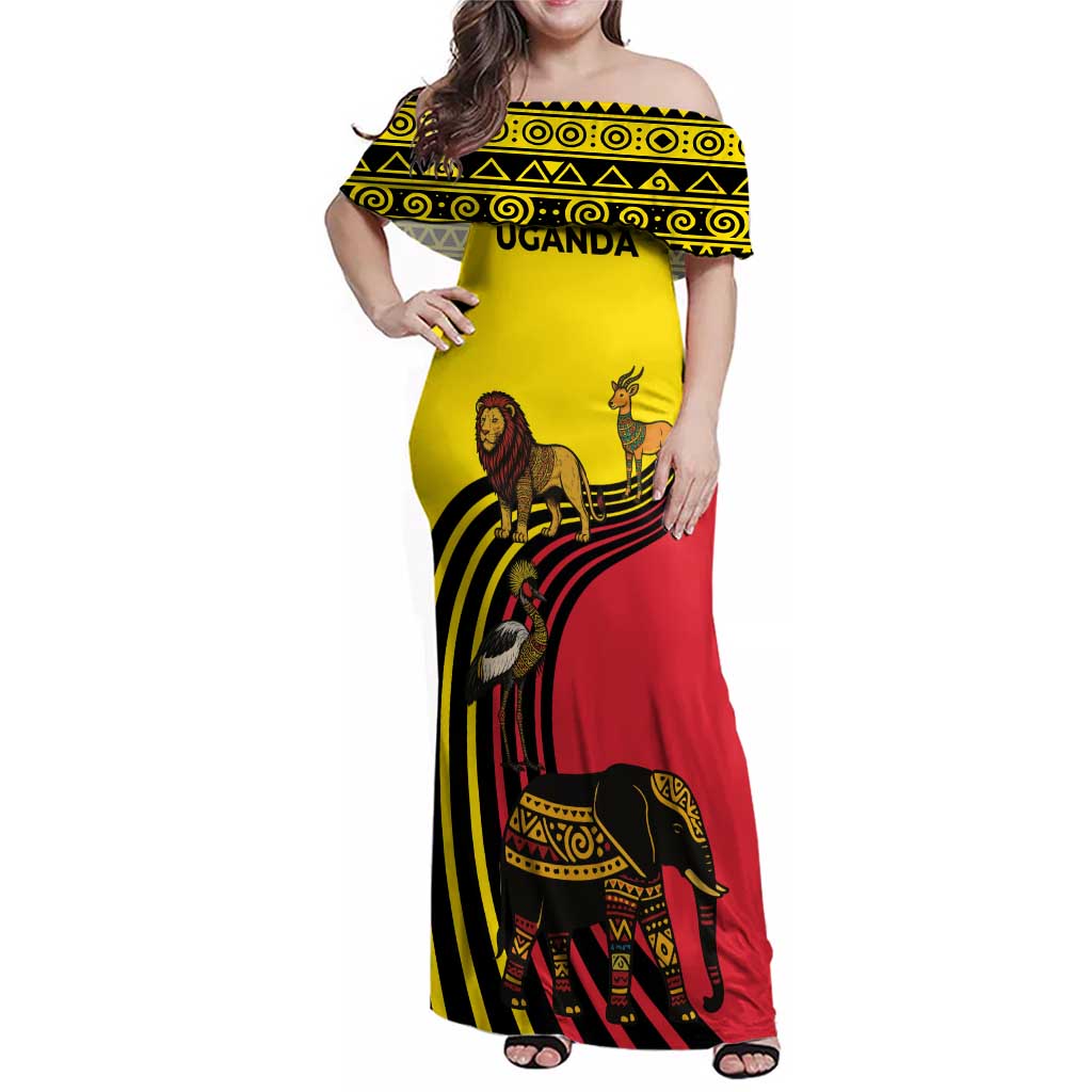Uganda Family Matching Off Shoulder Maxi Dress and Hawaiian Shirt with African Wildlife Elephant Lion and Crane in Tribal Pattern Design