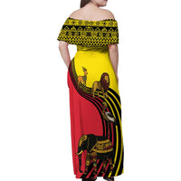 Uganda Family Matching Off Shoulder Maxi Dress and Hawaiian Shirt with African Wildlife Elephant Lion and Crane in Tribal Pattern Design