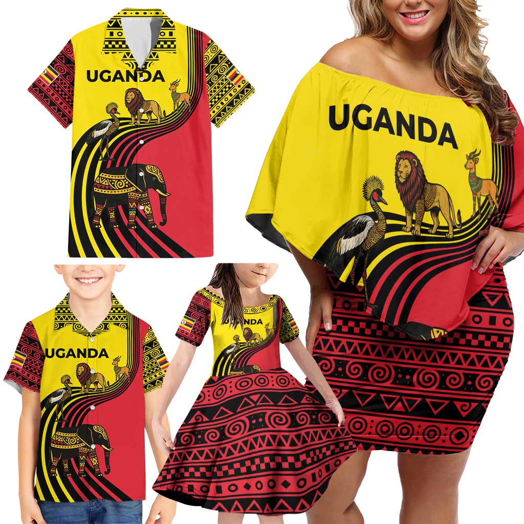 Uganda Family Matching Off Shoulder Short Dress and Hawaiian Shirt with African Wildlife Elephant Lion and Crane in Tribal Pattern Design