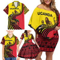Uganda Family Matching Off Shoulder Short Dress and Hawaiian Shirt with African Wildlife Elephant Lion and Crane in Tribal Pattern Design