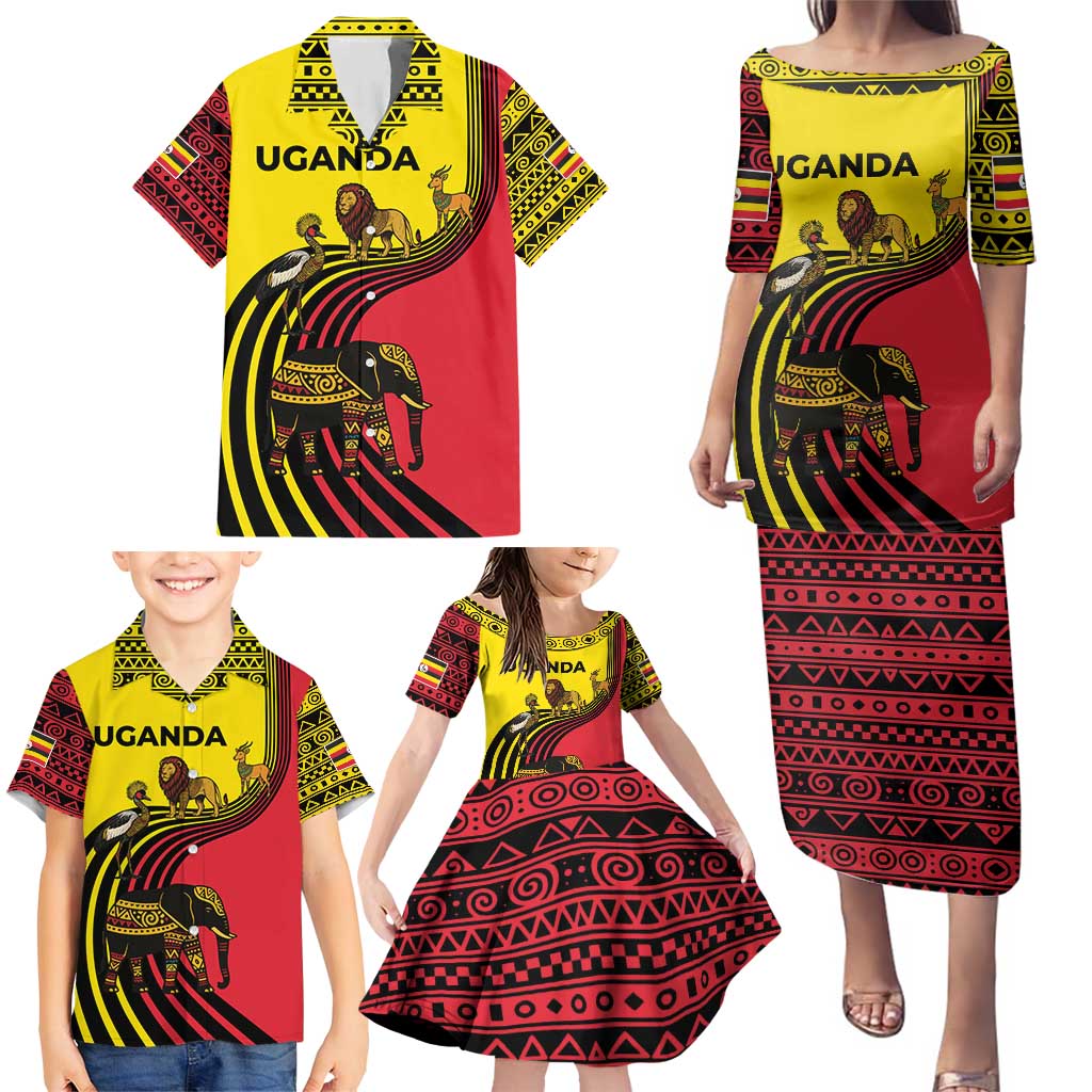 Uganda Family Matching Puletasi and Hawaiian Shirt with African Wildlife Elephant Lion and Crane in Tribal Pattern Design