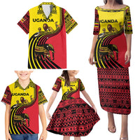Uganda Family Matching Puletasi and Hawaiian Shirt with African Wildlife Elephant Lion and Crane in Tribal Pattern Design