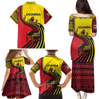 Uganda Family Matching Puletasi and Hawaiian Shirt with African Wildlife Elephant Lion and Crane in Tribal Pattern Design