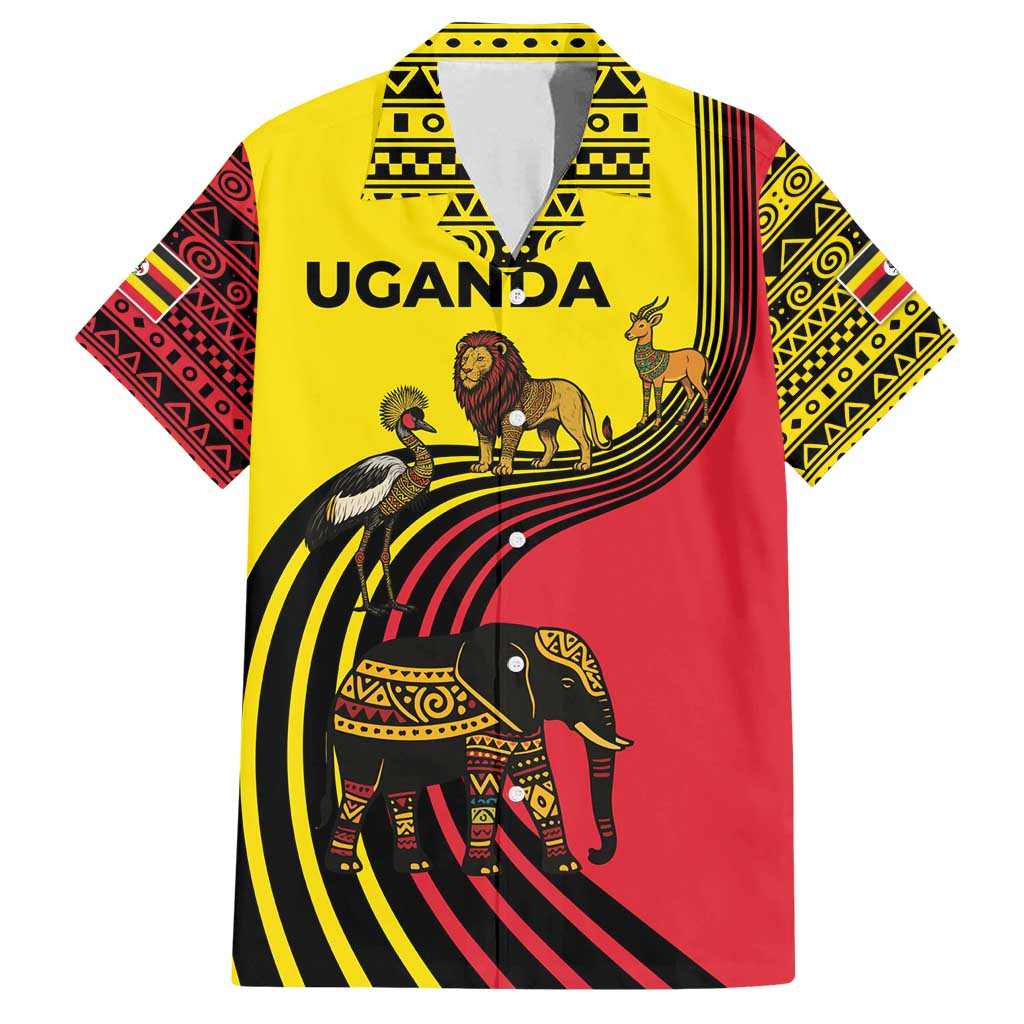 Uganda Family Matching Puletasi and Hawaiian Shirt with African Wildlife Elephant Lion and Crane in Tribal Pattern Design