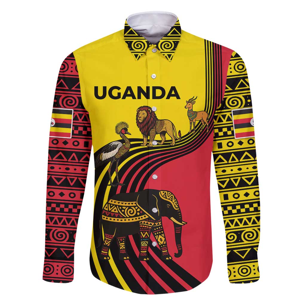 Uganda Family Matching Puletasi and Hawaiian Shirt with African Wildlife Elephant Lion and Crane in Tribal Pattern Design