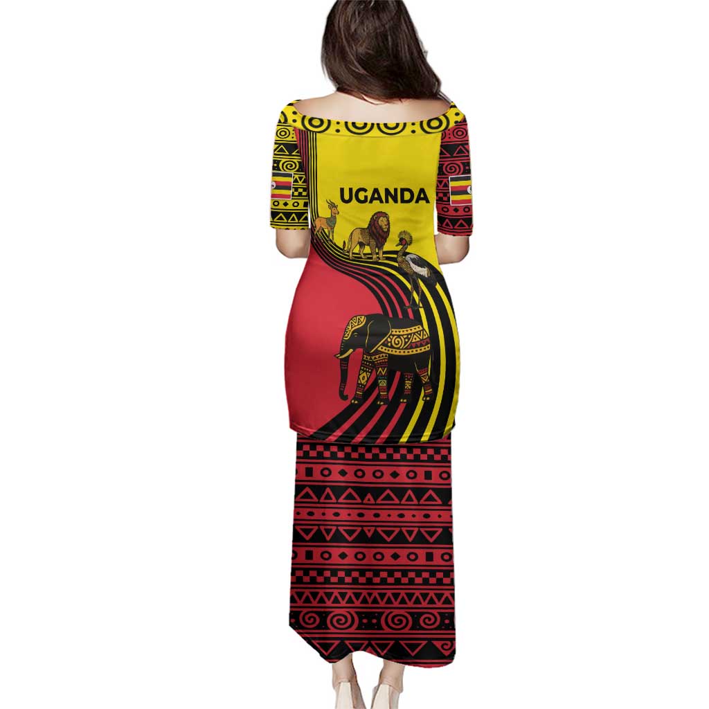 Uganda Family Matching Puletasi and Hawaiian Shirt with African Wildlife Elephant Lion and Crane in Tribal Pattern Design