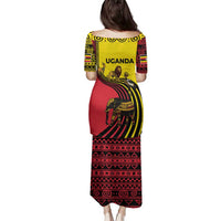 Uganda Family Matching Puletasi and Hawaiian Shirt with African Wildlife Elephant Lion and Crane in Tribal Pattern Design