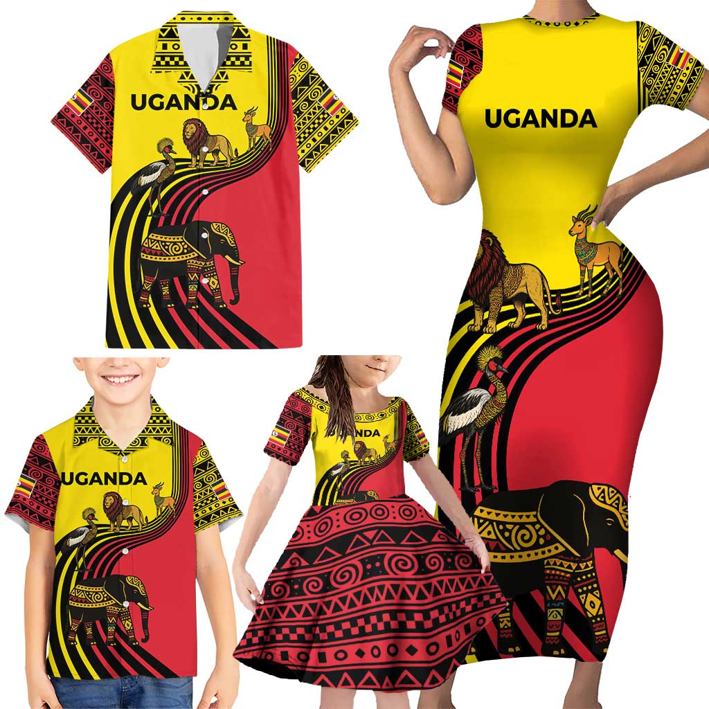 Uganda Family Matching Short Sleeve Bodycon Dress and Hawaiian Shirt with African Wildlife Elephant Lion and Crane in Tribal Pattern Design