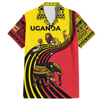 Uganda Family Matching Short Sleeve Bodycon Dress and Hawaiian Shirt with African Wildlife Elephant Lion and Crane in Tribal Pattern Design