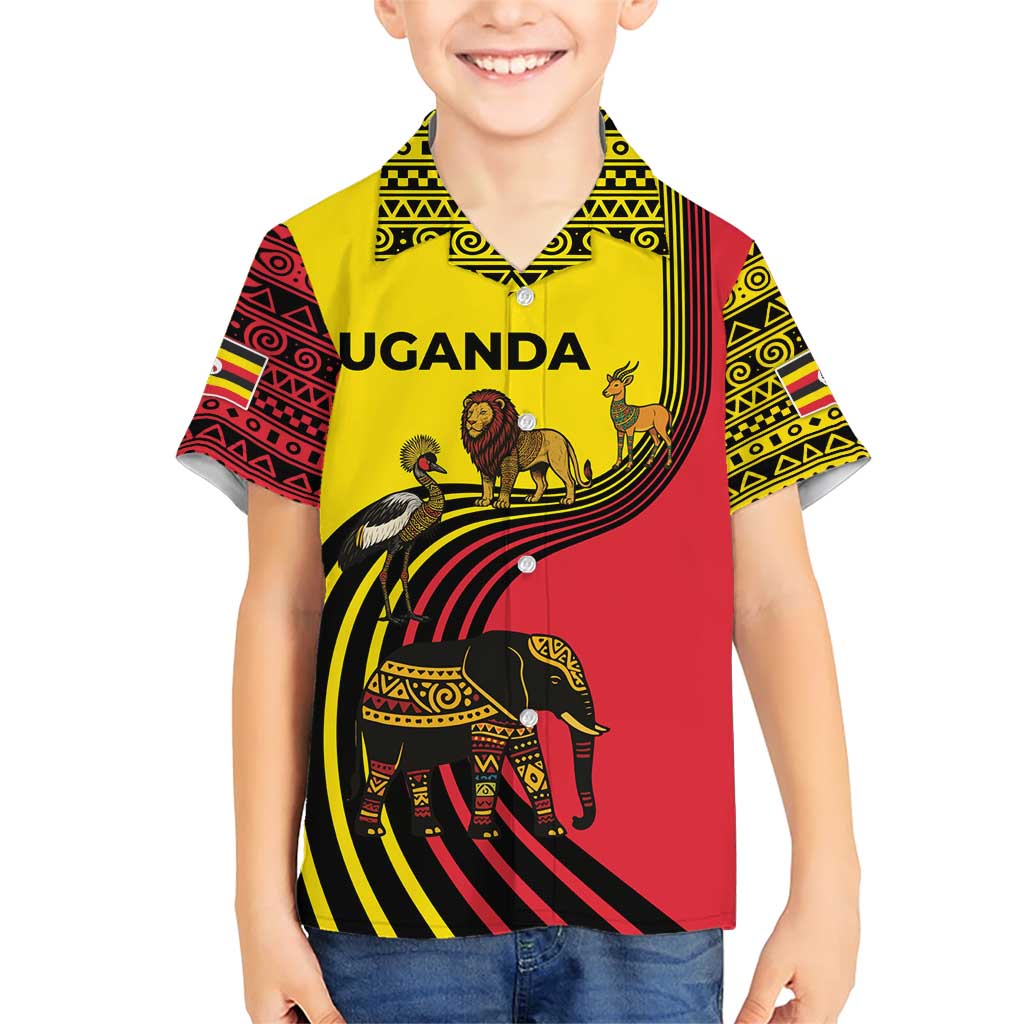 Uganda Family Matching Short Sleeve Bodycon Dress and Hawaiian Shirt with African Wildlife Elephant Lion and Crane in Tribal Pattern Design