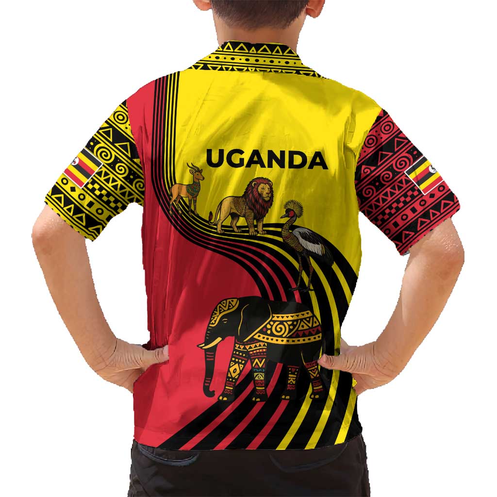 Uganda Family Matching Summer Maxi Dress and Hawaiian Shirt with African Wildlife Elephant Lion and Crane in Tribal Pattern Design