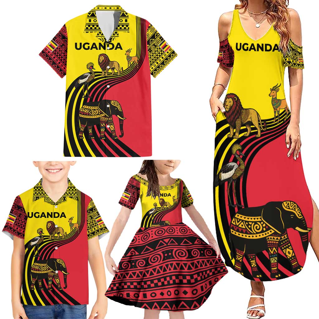Uganda Family Matching Summer Maxi Dress and Hawaiian Shirt with African Wildlife Elephant Lion and Crane in Tribal Pattern Design