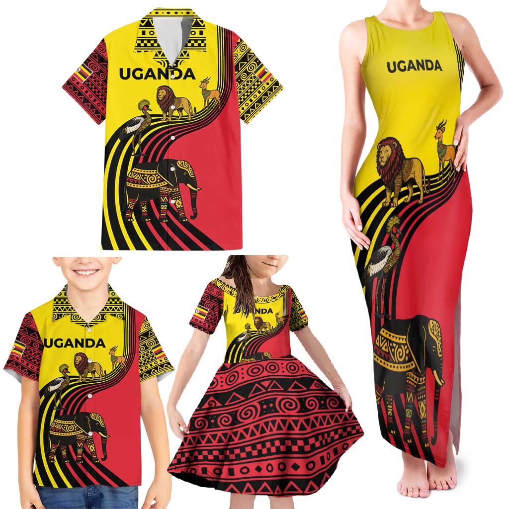 Uganda Family Matching Tank Maxi Dress and Hawaiian Shirt with African Wildlife Elephant Lion and Crane in Tribal Pattern Design