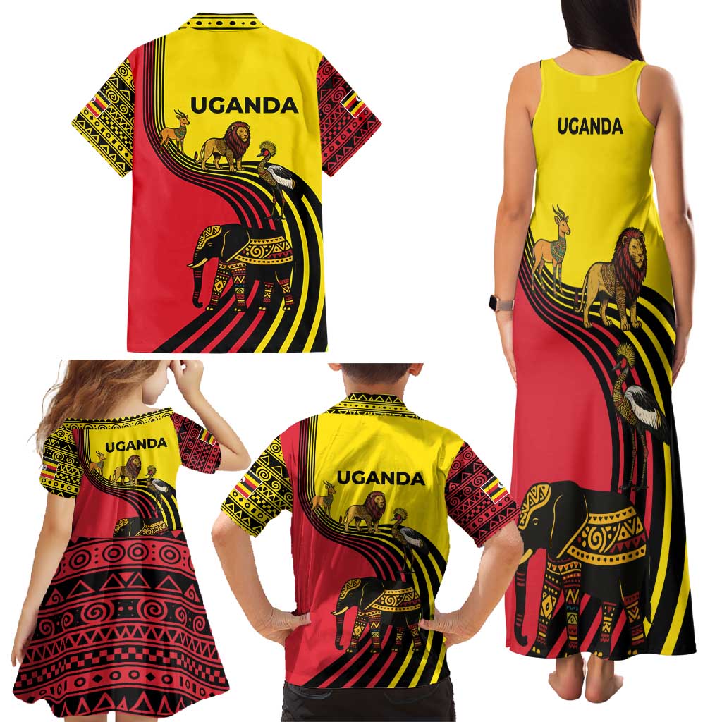 Uganda Family Matching Tank Maxi Dress and Hawaiian Shirt with African Wildlife Elephant Lion and Crane in Tribal Pattern Design
