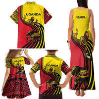 Uganda Family Matching Tank Maxi Dress and Hawaiian Shirt with African Wildlife Elephant Lion and Crane in Tribal Pattern Design