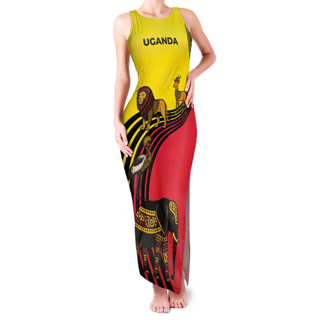 Uganda Family Matching Tank Maxi Dress and Hawaiian Shirt with African Wildlife Elephant Lion and Crane in Tribal Pattern Design