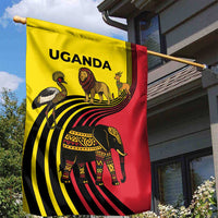 Uganda Garden Flag with African Wildlife Elephant Lion and Crane in Tribal Pattern Design