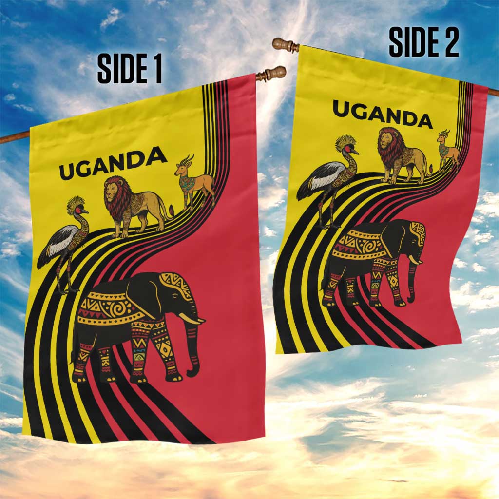Uganda Garden Flag with African Wildlife Elephant Lion and Crane in Tribal Pattern Design