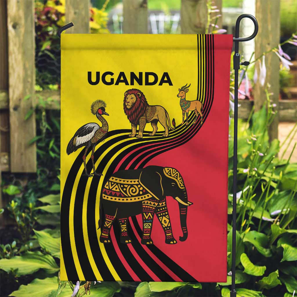 Uganda Garden Flag with African Wildlife Elephant Lion and Crane in Tribal Pattern Design