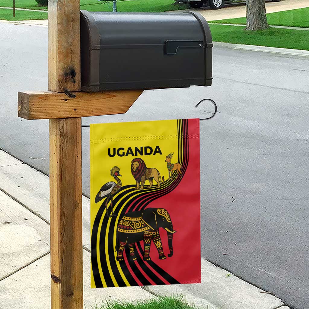 Uganda Garden Flag with African Wildlife Elephant Lion and Crane in Tribal Pattern Design