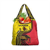 Uganda Grocery Bag with African Wildlife Elephant Lion and Crane in Tribal Pattern Design