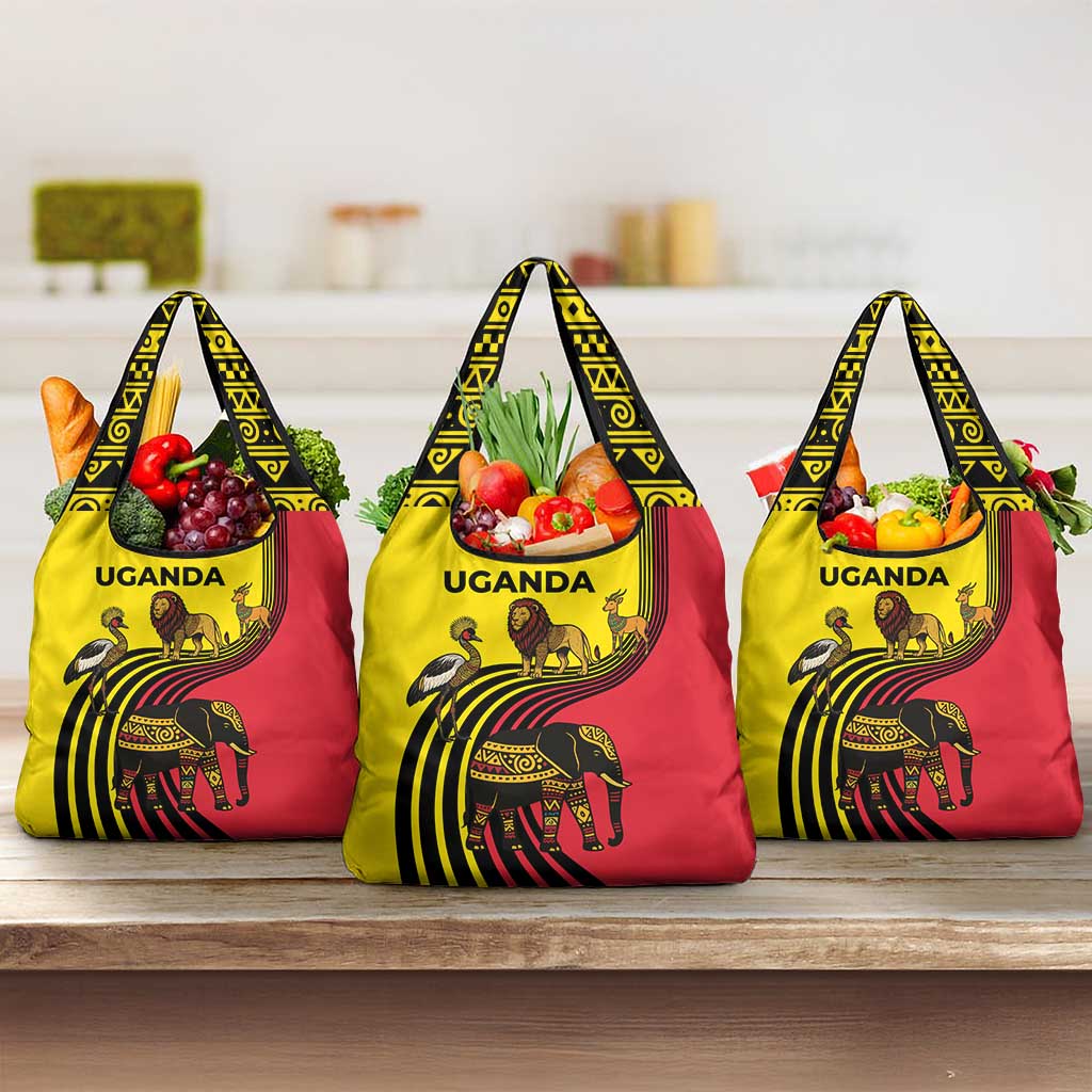 Uganda Grocery Bag with African Wildlife Elephant Lion and Crane in Tribal Pattern Design