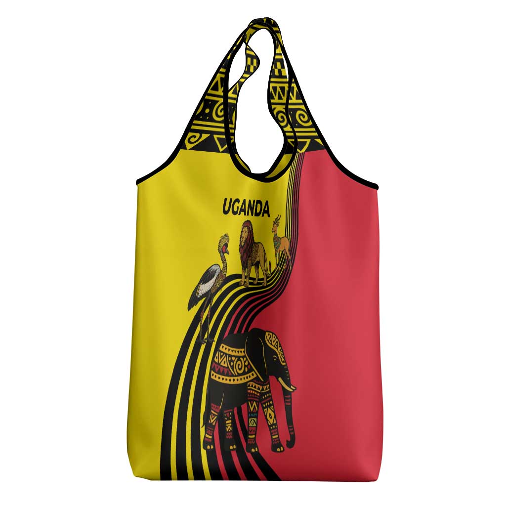 Uganda Grocery Bag with African Wildlife Elephant Lion and Crane in Tribal Pattern Design