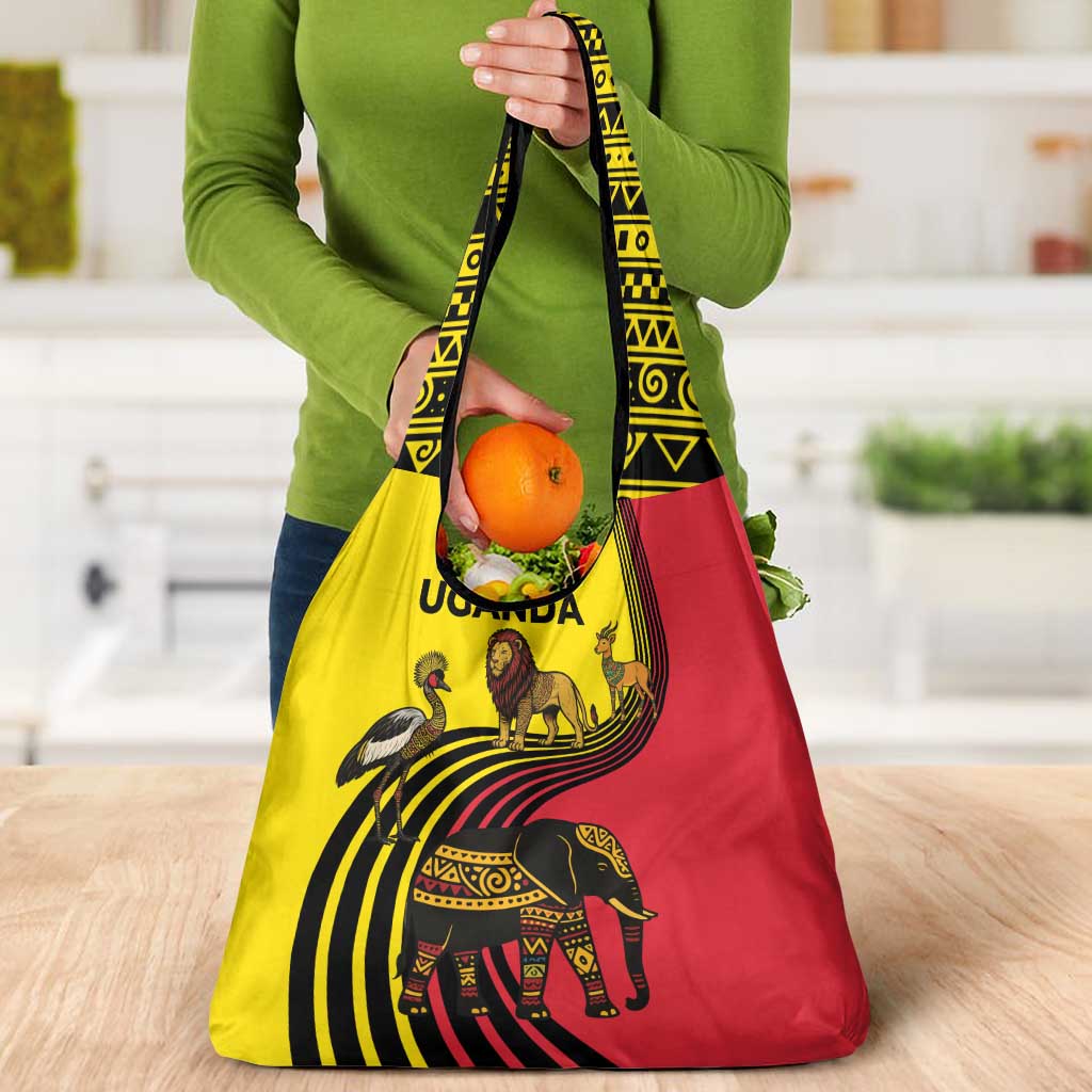 Uganda Grocery Bag with African Wildlife Elephant Lion and Crane in Tribal Pattern Design