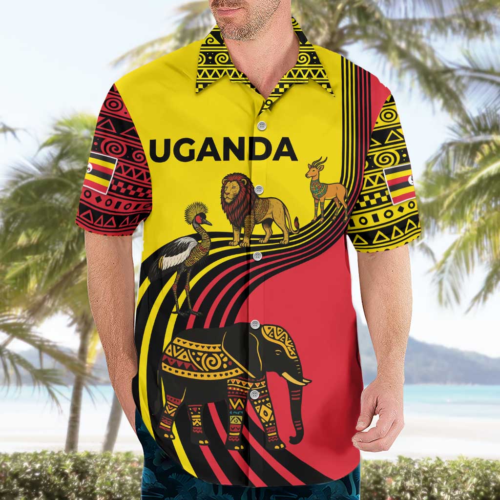 Uganda Hawaiian Shirt with African Wildlife Elephant Lion and Crane in Tribal Pattern Design