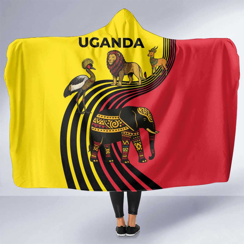 Uganda Hooded Blanket with African Wildlife Elephant Lion and Crane in Tribal Pattern Design
