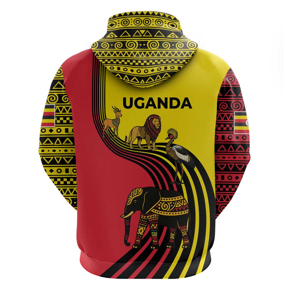 Uganda Hoodie with African Wildlife Elephant Lion and Crane in Tribal Pattern Design