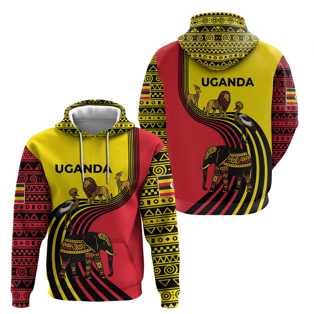 Uganda Hoodie with African Wildlife Elephant Lion and Crane in Tribal Pattern Design