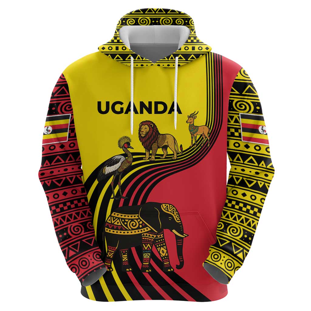 Uganda Hoodie with African Wildlife Elephant Lion and Crane in Tribal Pattern Design