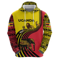 Uganda Hoodie with African Wildlife Elephant Lion and Crane in Tribal Pattern Design