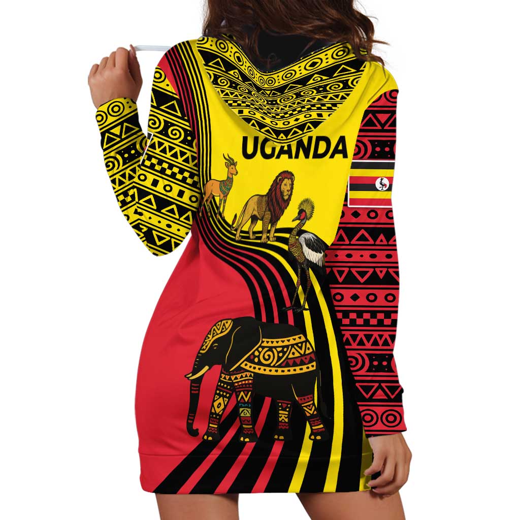 Uganda Hoodie Dress with African Wildlife Elephant Lion and Crane in Tribal Pattern Design
