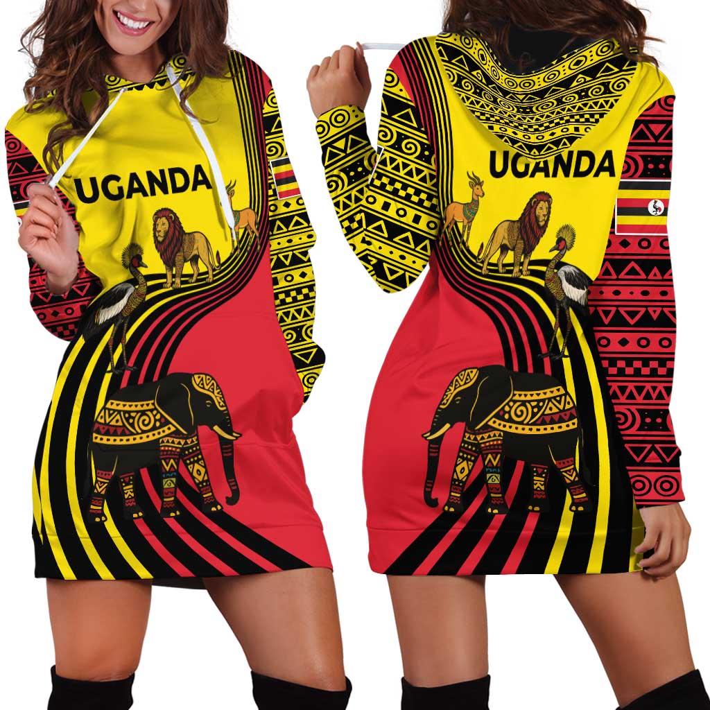 Uganda Hoodie Dress with African Wildlife Elephant Lion and Crane in Tribal Pattern Design