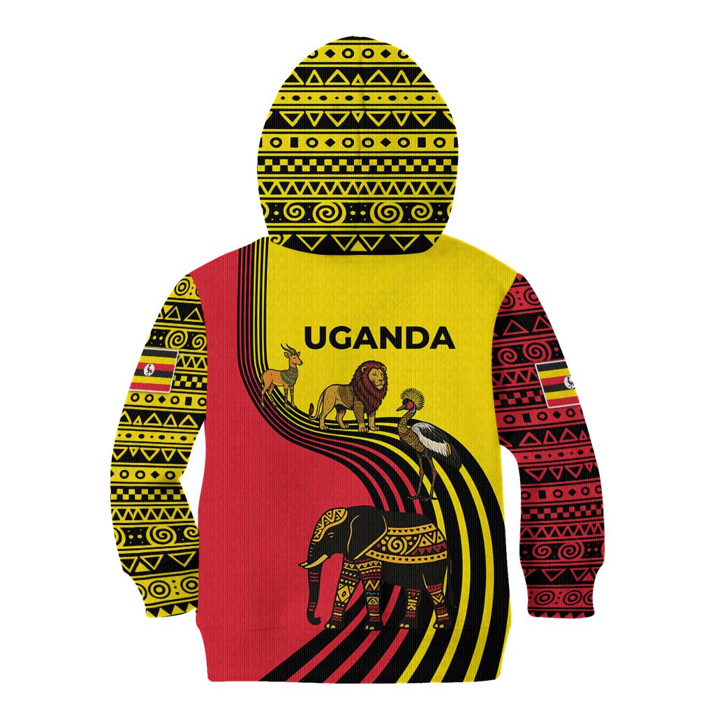 Uganda Kid Hoodie with African Wildlife Elephant Lion and Crane in Tribal Pattern Design