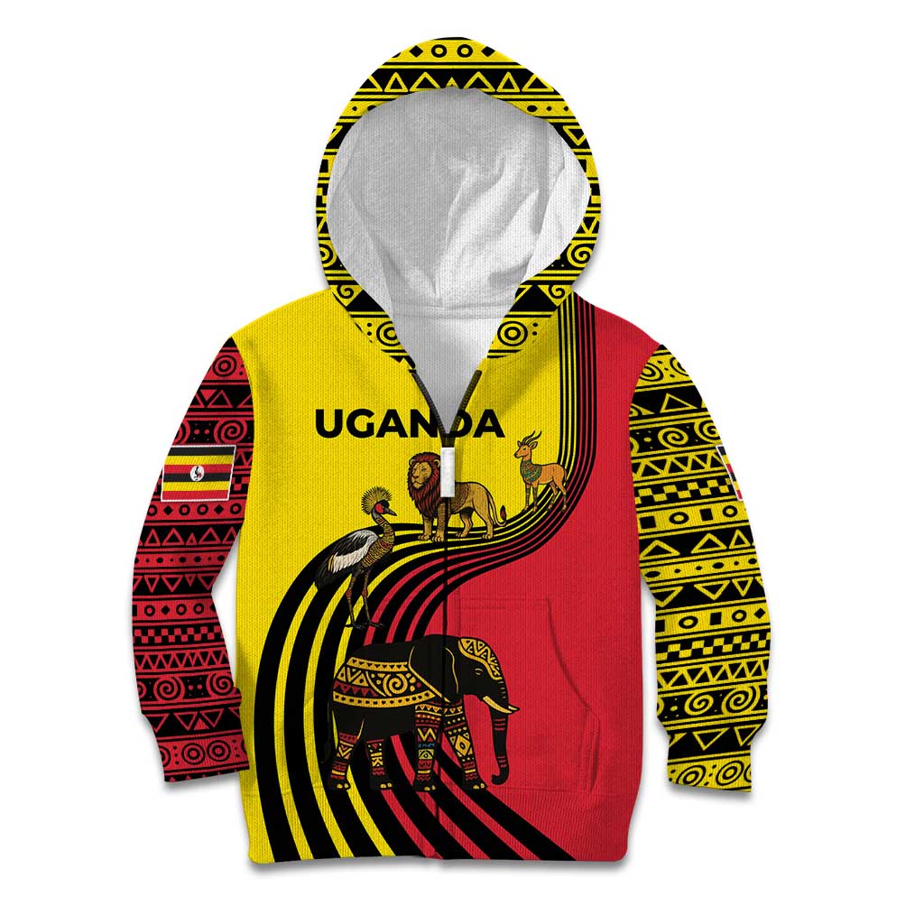 Uganda Kid Hoodie with African Wildlife Elephant Lion and Crane in Tribal Pattern Design