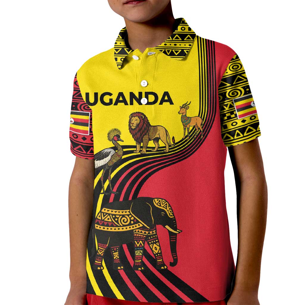 Uganda Kid Polo Shirt with African Wildlife Elephant Lion and Crane in Tribal Pattern Design